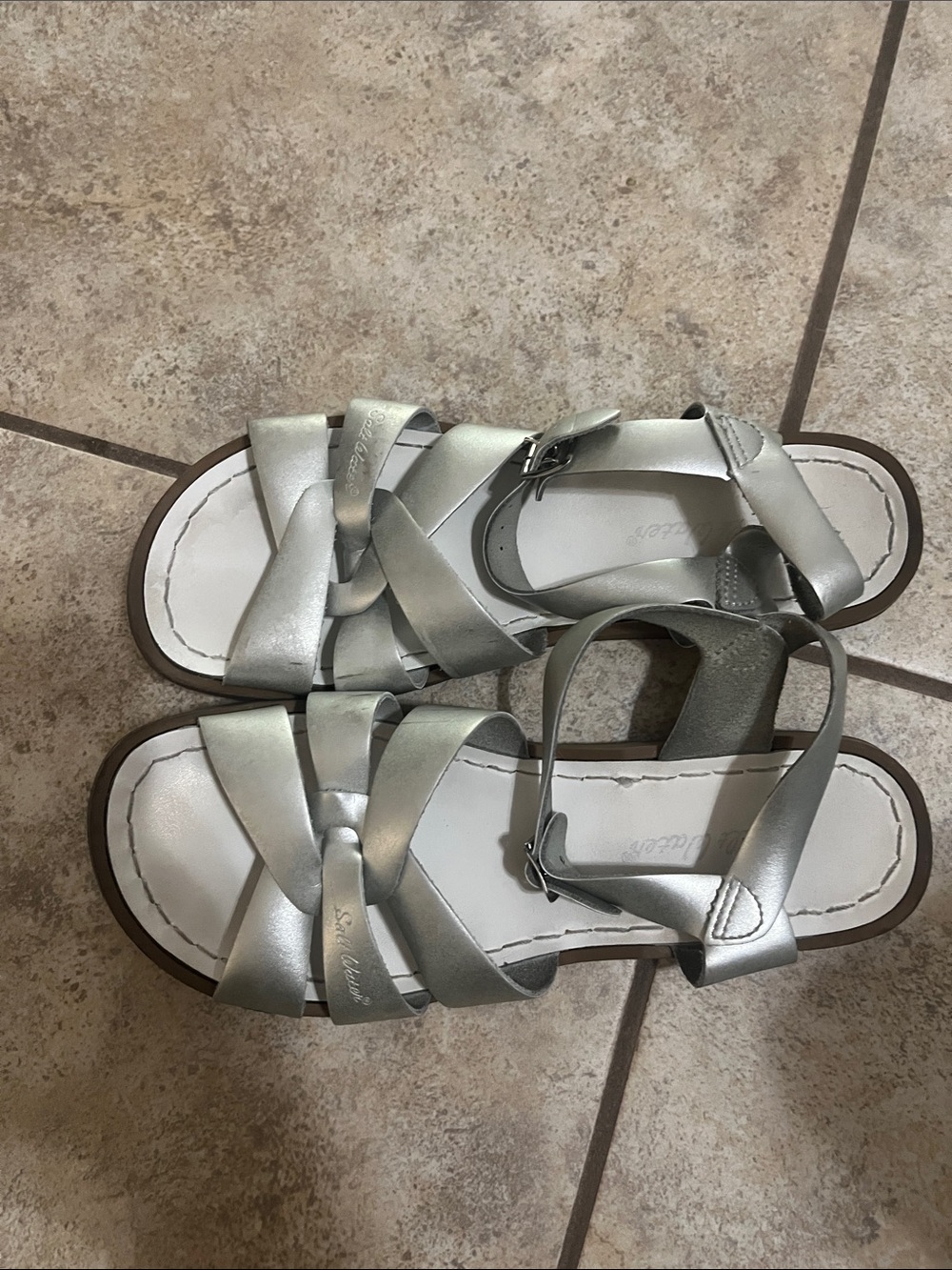 Salt Water Sandals by Hoy Metallic Silver Braided Strap Sandals